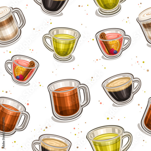 Vector Hot Drinks seamless pattern, square repeating background with cut out illustrations of group different hot coffee and cold tea drinks in clear glass cups on white background for wrapping paper