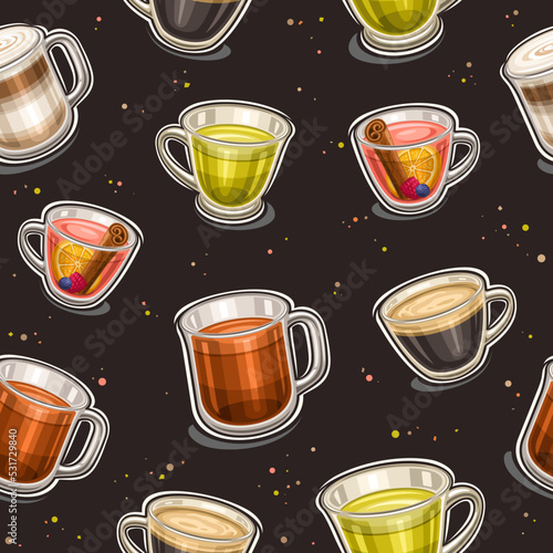 Vector Hot Drinks seamless pattern, square repeating background with cut out illustrations of group different hot coffee and cold tea drinks in clear glass cups on dark background for wrapping paper
