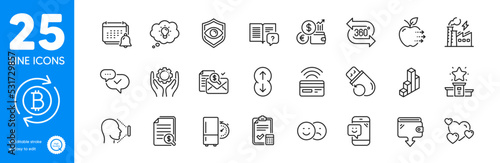 Outline icons set. Refresh bitcoin, Scroll down and Smile icons. Instruction manual, Electricity factory, 3d chart web elements. Food delivery, Financial documents, Energy signs. Vector