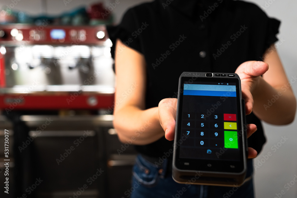 custom made wallpaper toronto digitalclose-up of an unrecognizable waitress holding the card payment device. card payment method in a bar, restaurant or coffee shop.