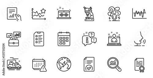 Outline set of Music making, Calendar and Checklist line icons for web application. Talk, information, delivery truck outline icon. Include Document, Approved document, Ranking stars icons. Vector