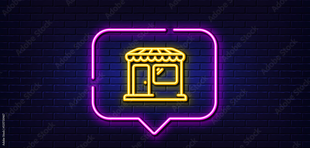 Neon light speech bubble. Market line icon. Wholesale store sign. Retail marketplace symbol. Neon light background. Market glow line. Brick wall banner. Vector Neon light speech bubble. Market line icon. Wholesale store sign. Retail marketplace symbol. Neon light background. Market glow line. Brick wall banner. Vector