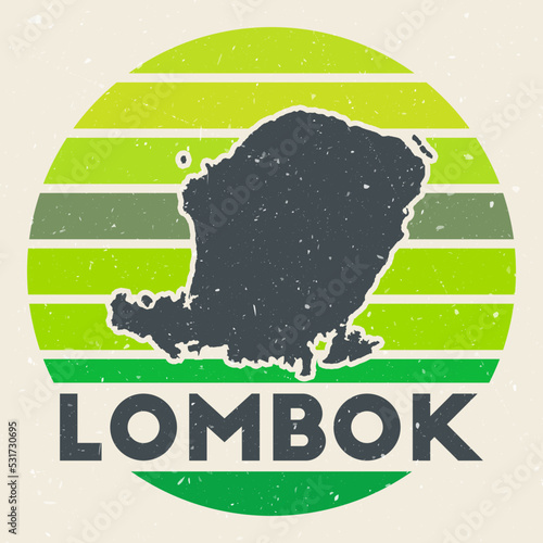 Lombok logo. Sign with the map of the island and colored stripes, vector illustration. Can be used as insignia, logotype, label, sticker, or badge of Lombok.