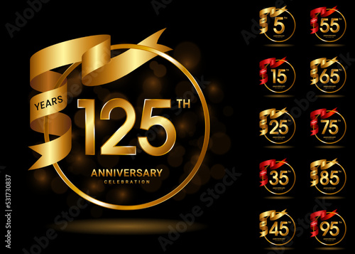 Set of anniversary logotype with gold and red ribbon. Golden anniversary celebration emblem design for booklet, leaflet, magazine, brochure poster, invitation or greeting card. Vector illustration.