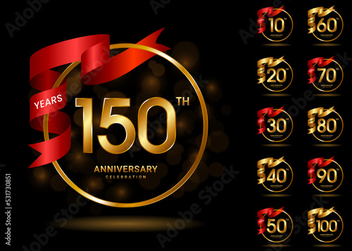 Set of anniversary logotype with gold and red ribbon. Golden anniversary celebration emblem design for booklet, leaflet, magazine, brochure poster, invitation or greeting card. Vector illustration.