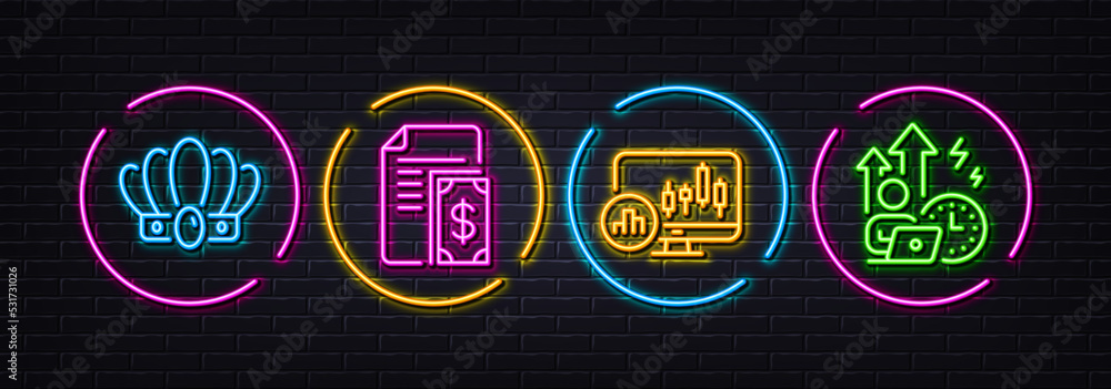 Payment, Crown and Candlestick chart minimal line icons. Neon laser 3d lights. Difficult stress icons. For web, application, printing. Cash money, Monarchy king, Report analysis. Vector