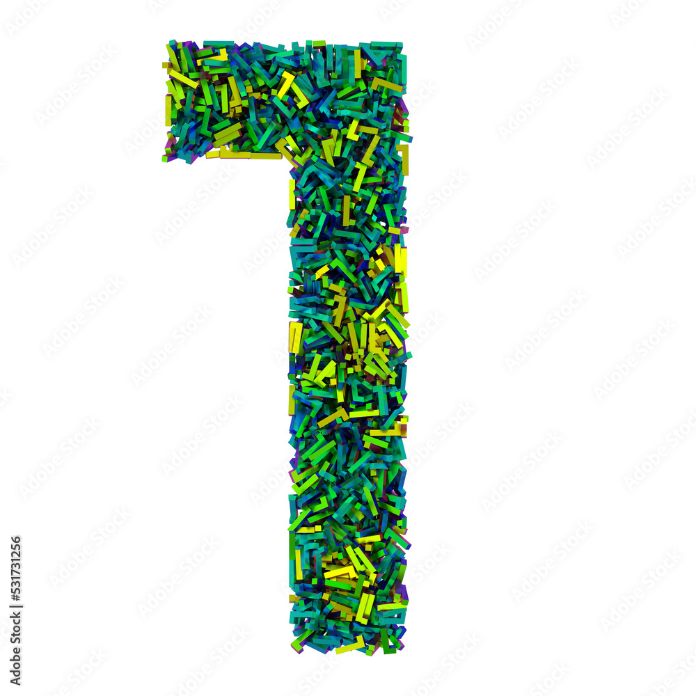 Number 1 made of small iridescent numbers 9, 3d rendering Number 1 made of small iridescent numbers 9, 3d rendering