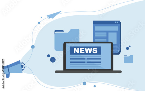 propaganda fake news, news laptop, news column, journalist articles, bullhorn fake news, tabloid press, fake news spreading concept. Deception on the Internet and social networks. 