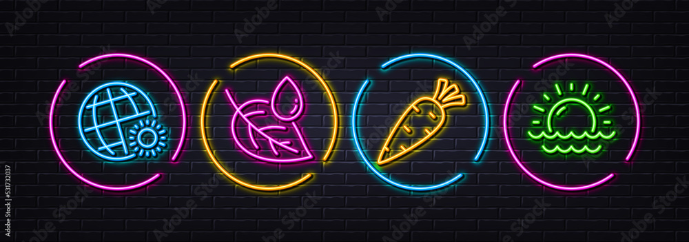Leaf dew, World weather and Carrot minimal line icons. Neon laser 3d lights. Sunset icons. For web, application, printing. Water drop, Sunny, Fresh vegetable. Sunny weather. Vector Leaf dew, World weather and Carrot minimal line icons. Neon laser 3d lights. Sunset icons. For web, application, printing. Water drop, Sunny, Fresh vegetable. Sunny weather. Vector