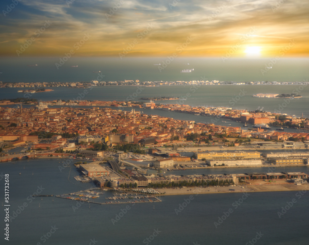 View of Venice from above under sunset,Venice, Italy