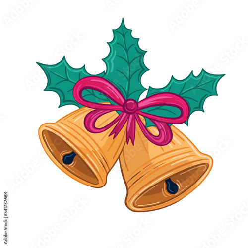 Vector illustrtion christmas bells with red ribbon and green leaves
