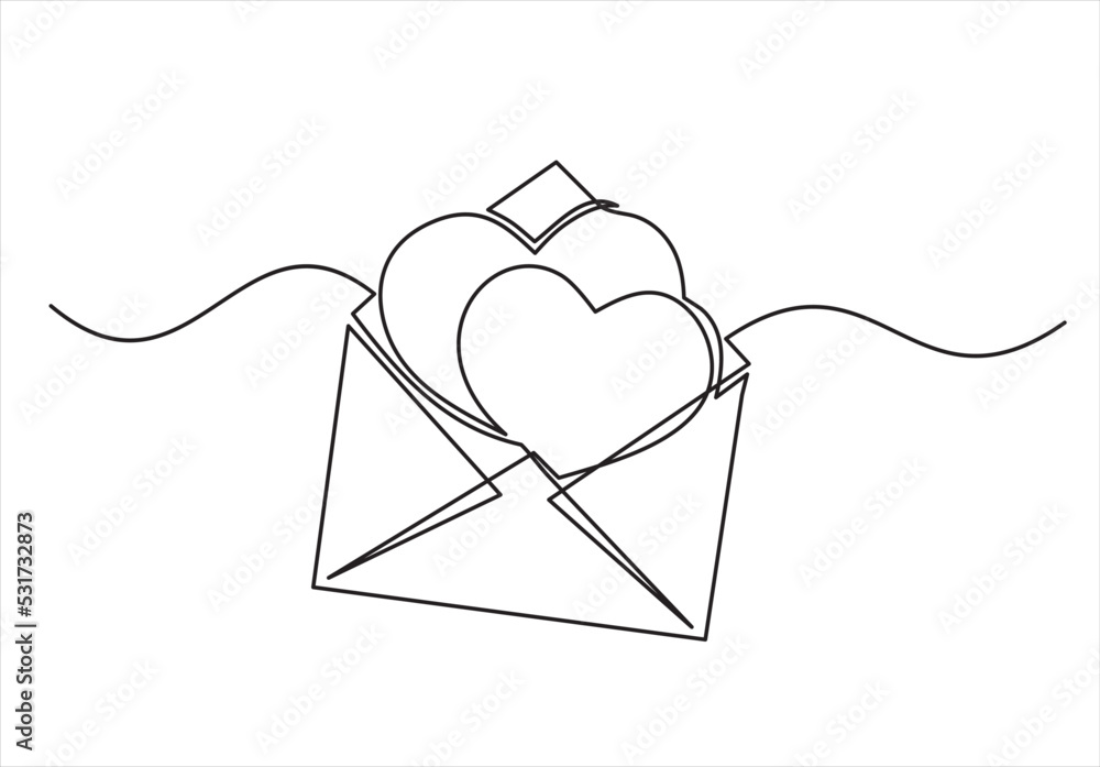 Fototapeta premium Heart in envelope vector one continuous line art. Line illustration. Minimalist print. Black and white.