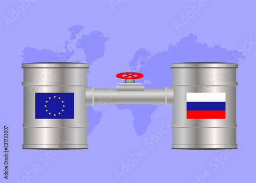 Import and export of gas, oil and fuel from Russia to Europe, barrels, pipe with valve vector, Gas tap with pipeline system at natural gas station, embargoes and sanctions, rising fuel and gasoline 