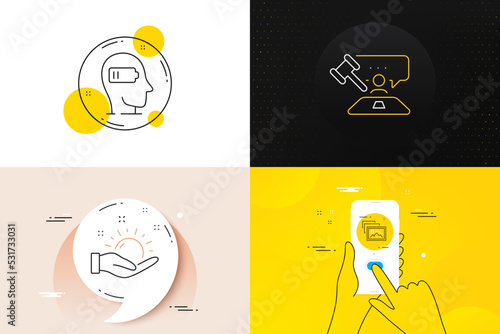 Minimal set of Judge hammer, Weariness and Photo album line icons. Phone screen, Quote banners. Sunny weather icons. For web development. Judgement, Mind fatigue, Image gallery. Hold sun. Vector