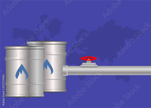 Import and export of gas, oil and fuel, barrels, pipe with valve vector, Gas tap with pipeline system at natural gas station, embargoes and sanctions, rising fuel and gasoline prices, pipeline transit