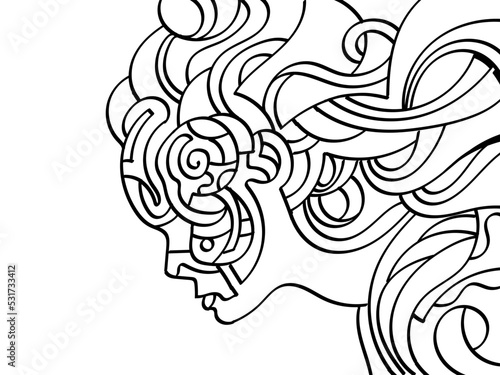 Disegno di contorno da riempire con colori.  Profilo di donna giovane con capelli al vento.
