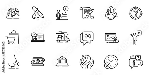 Outline set of Loan percent, Court building and Deal line icons for web application. Talk, information, delivery truck outline icon. Include Copywriting notebook, Chemistry pipette, Lgbt icons. Vector