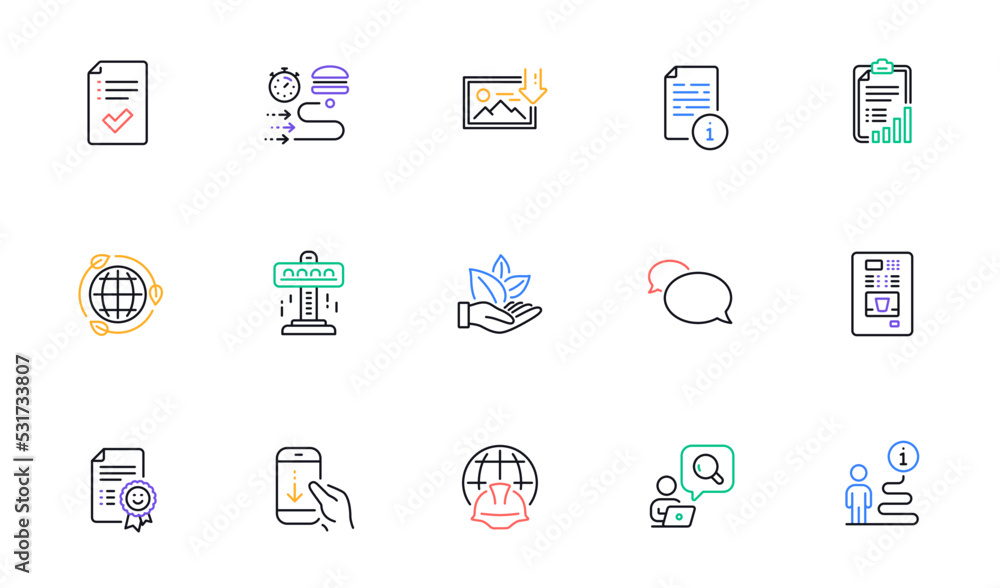 Support, Coffee vending and Scroll down line icons for website, printing. Collection of Global engineering, Food delivery, Smile icons. Manual, Approved checklist, Eco energy web elements. Vector