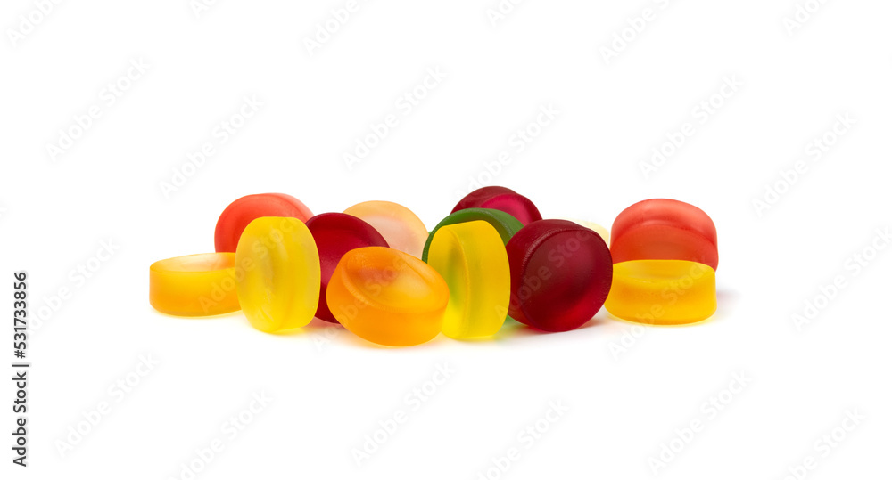 Round Gummy Candies Isolated, Chewing Colorful Marmalade Pills, Jelly Gumdrops Round Gummy Candies Isolated, Chewing Colorful Marmalade Pills, Jelly Gumdrops