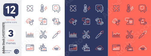 Set of Customer satisfaction, Puzzle and Technical algorithm line icons. Include Electricity power, Recovery data, Teamwork icons. Scissors, Marketing statistics, Quick tips web elements. Vector