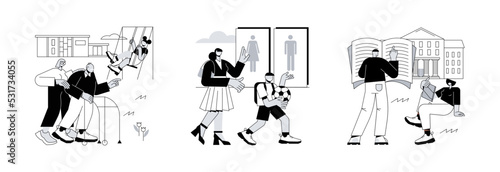 Public places abstract concept vector illustration set. Community facilities, public restrooms, sociocultural infrastructure, cleaning and hygiene, health centre, school building abstract metaphor.