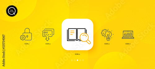 Web analytics, Lock and Idea gear minimal line icons. Yellow abstract background. Card, Search book icons. For web, application, printing. Statistics, Padlock gear, Technology process. Vector