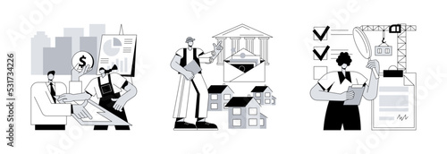 Construction project abstract concept vector illustration set. Real estate development, building investment and regulations, city architecture, bank loan, construction site abstract metaphor.