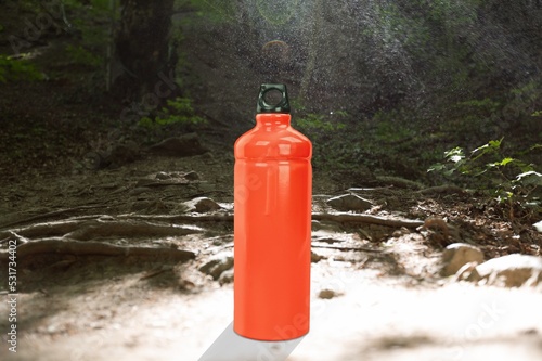 Hot thermo bottle on stone in a background of forest