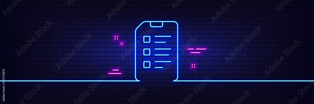 Neon light glow effect. Checklist Document line icon. Information File sign. Paper page concept symbol. 3d line neon glow icon. Brick wall banner. Checklist outline. Vector Neon light glow effect. Checklist Document line icon. Information File sign. Paper page concept symbol. 3d line neon glow icon. Brick wall banner. Checklist outline. Vector