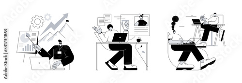 Job opportunity abstract concept vector illustration set. Executive jobs, distance working, coworking, professional growth, online team meeting, shared office space, collaboration abstract metaphor.
