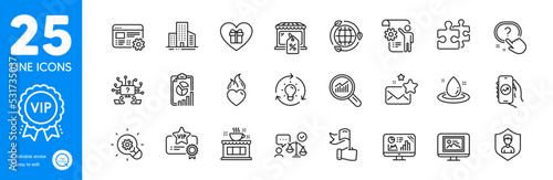 Outline icons set. Market sale, Financial app and Report icons. Security agency, Leadership, Innovation web elements. Coffee shop, Data analysis, Photo thumbnail signs. Romantic gift. Vector