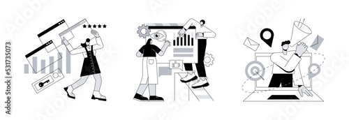Website optimization abstract concept vector illustration set. SEO analytics team, local SEO, search engines page rank, keyword and link building, internet promotion, visibility abstract metaphor.