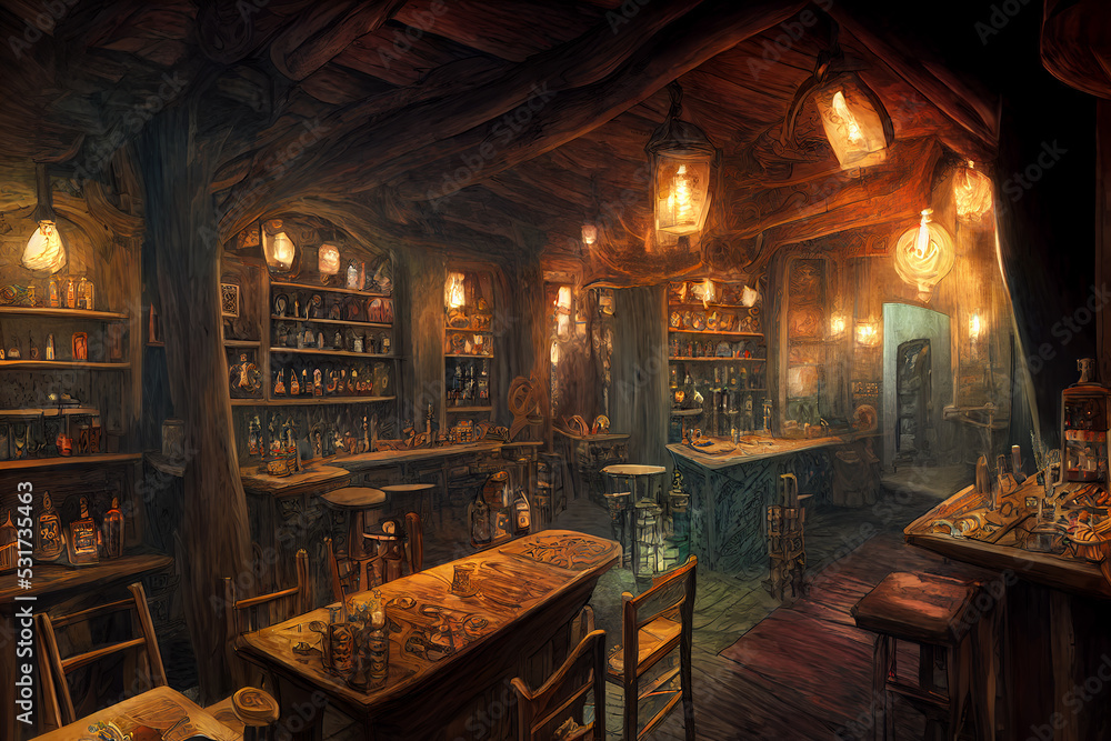 Naklejka premium Warm lit friendly medieval fantasy tavern inn, lanterns, concept art interior, adventuring dungeons and dragons.