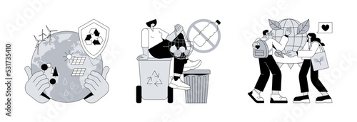 Environmental activism abstract concept vector illustration set. Resources protection, zero waste technology, Earth Day, save planet, climate change, reuse reduce recycling abstract metaphor.