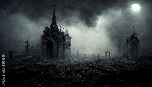 Obraz na plátně Night scene with creepy church and ghost