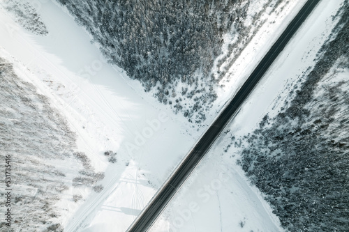 winter landscape aerial view, winter bridge, snow and river