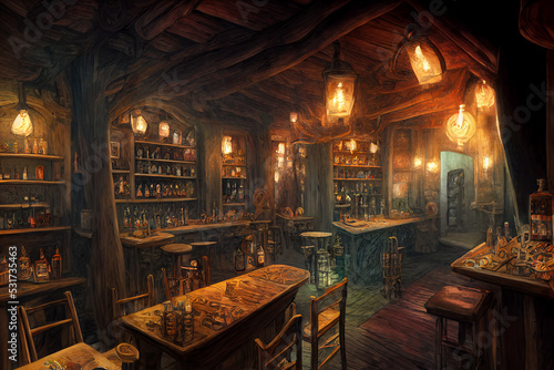 Canvas Print Warm lit friendly medieval fantasy tavern inn, lanterns, concept art interior, adventuring dungeons and dragons