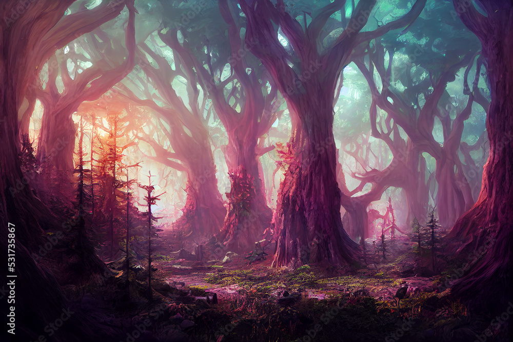 Obraz premium Feywild magical forest, dungeons and dragons adventuring concept art fantasy digital painting
