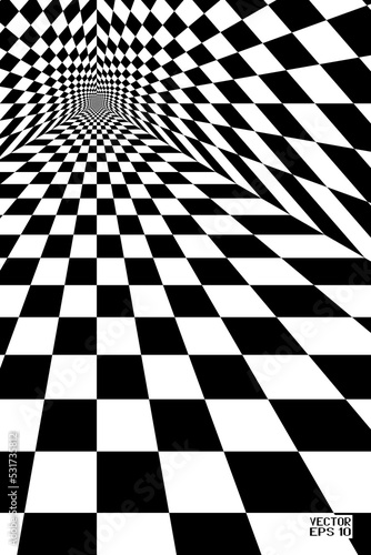 Abstract Black and White Pattern with Tunnel. Contrasty Optical Psychedelic Illusion. Smooth Checkered Spiral and Chessboard in Perspective. Vector. 3D Illustration