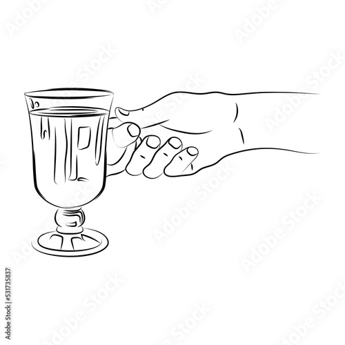 Hand holds glass of mulled wine. Traditional hot winter drink in glass goblet. Christmas alcohol warming drink with spices. Use for print, postcard, menu, label, poster. Sketch, linear contour drawing