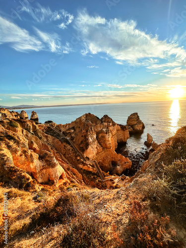 Ponta da Piedade, Lagos Portugal, Algarve region at sunrise with bright morning sun and gorgeous cliffs