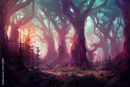 Feywild magical forest, dungeons and dragons adventuring concept art fantasy digital painting © Lauren