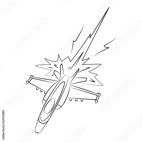 Fighter, military airplane. Jet aircraft at moment of transition to supersonic speed drawn in style of comics. Air combat. Difficult maneuver at speed. Sketch, linear contour in minimalist style
