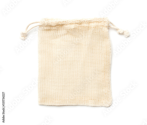 Cotton eco sack isolated on white background, top view