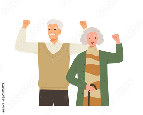 Happy elderly people isolated on white background. Healthy and strong grandmother and grandfather. Concept of well-being, quality of life, good elder life. Flat vector illustration.