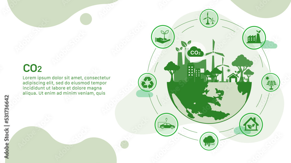 Co2 icon concept for reducing co2 emissions to stop climate change in the green circle. on the green world energy background. Emvironmemtal protection vector 
illustrator set. - obrazy, fototapety, plakaty 