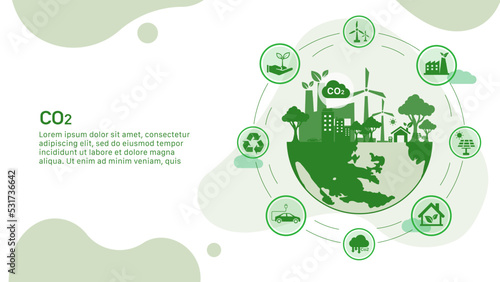 Co2 icon concept for reducing co2 emissions to stop climate change in the green circle. on the green world energy background. Emvironmemtal protection vector 
illustrator set. photo