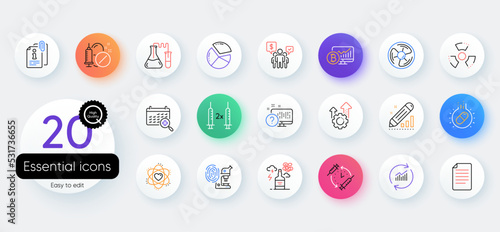 Simple set of Atom, Seo gear and Medical drugs line icons. Include Bitcoin chart, Pie chart, Update data icons. Edit statistics, Teamwork, Fingerprint research web elements. Vector