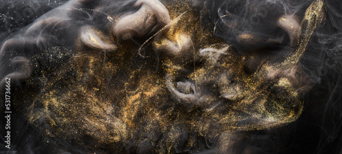 Golden sparkling abstract background, luxury black smoke, acrylic paint underwater explosion, cosmic swirling ink