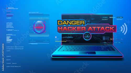 Attention! Attack. Danger for your computer. Laptop with hacking danger screen. Track down hacker attack on your computer. Protecting personal data computer from the threat of hacking